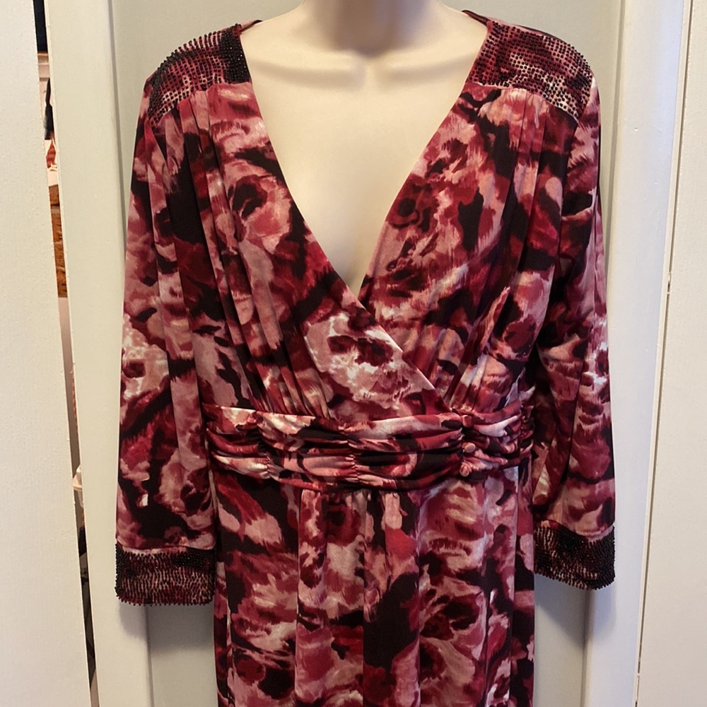 Tahari ASL Wrap Dress Pink Black w/ Beading